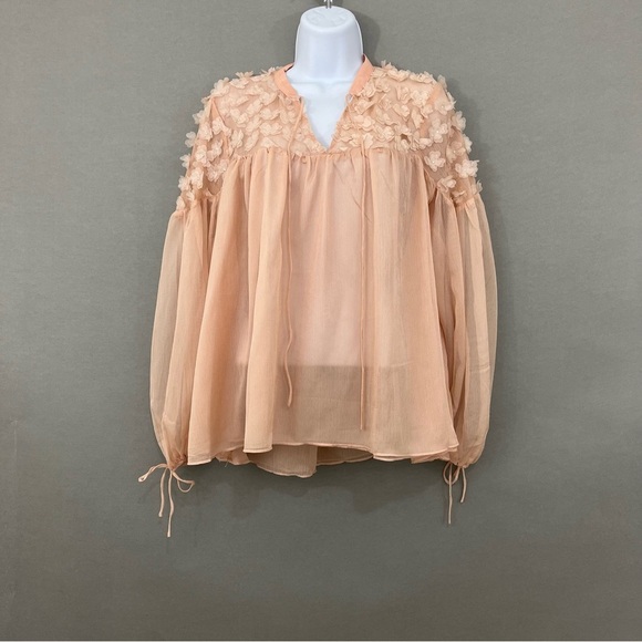 Endless Rose Pale Peach Floral Appliqué Long Sleeve Sheer Blouse - Picture 1 of 15